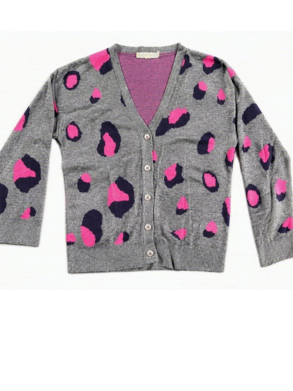 A Knitch Above Gray Leopard Print Button Front Sweater Pink & Navy Spots